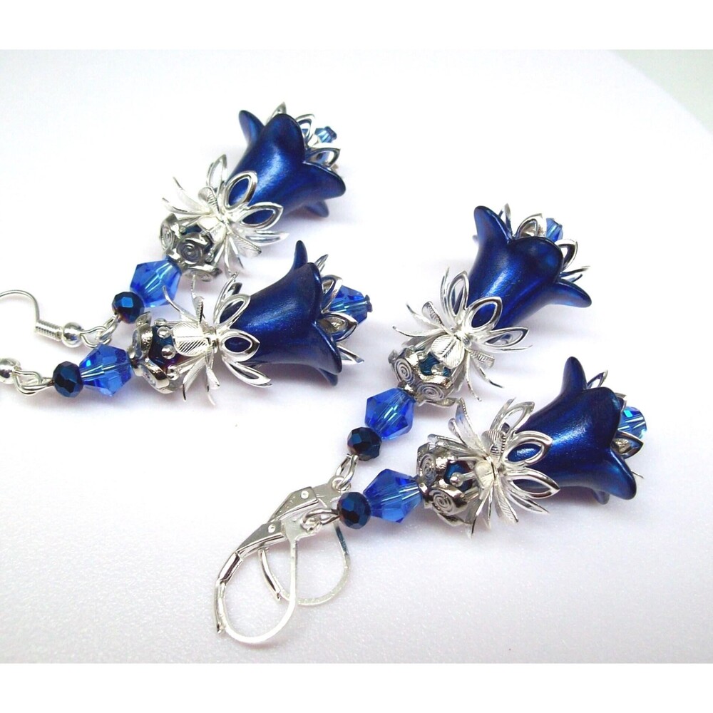 Boho Floral Earrings Silver, Blue, Hand Painted, Artisan Crafted Flower Jewelry